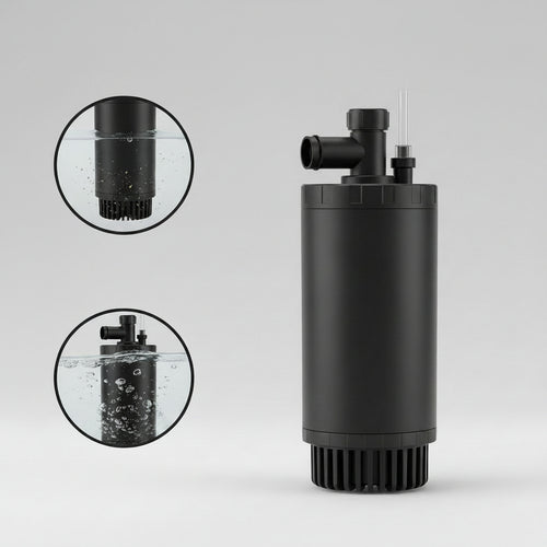 Versatile dual-function pump with filtration and aeration features on a water background